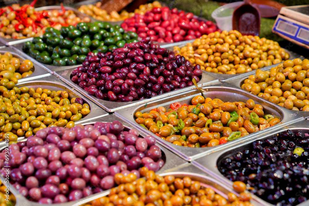 Assorted olives at an oriental bazaar