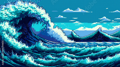 Sea waves landscape, AI generated 8bit pixel scene