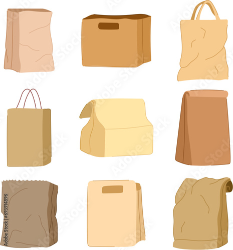 paper lunch bag set cartoon. box brown, template sack, flour breakfast paper lunch bag sign. isolated symbol vector illustration