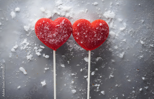 two red lollipops heart shape on grey snowy background top view