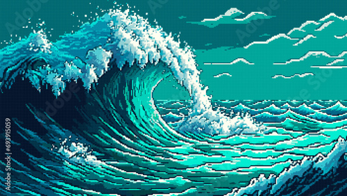 Sea storm wave, AI generated pixel landscape