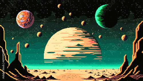 Space planet surface landscape, AI generated 8bit