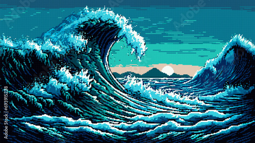 AI generated pixel tsunami waves, sea landscape