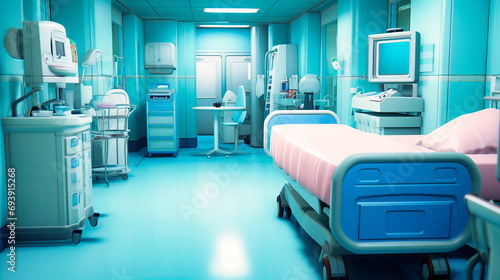 Modern Hospital Room with Advanced Medical Equipment in Serene Blue and Clean White Tones