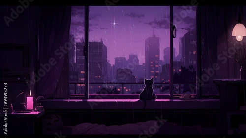 lofi art, It's a rainy night and a black cat is looking out the window and listening to the rain. purple color, candles, lights, lofi, lo-fi, lofi art, animation photo