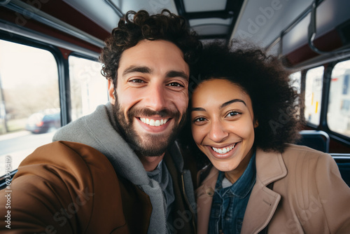portrait of happy multiethnic couple smiling at camera in bus