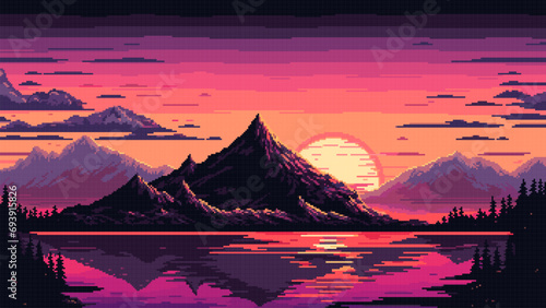 Evening sunset lake landscape with mountains ai