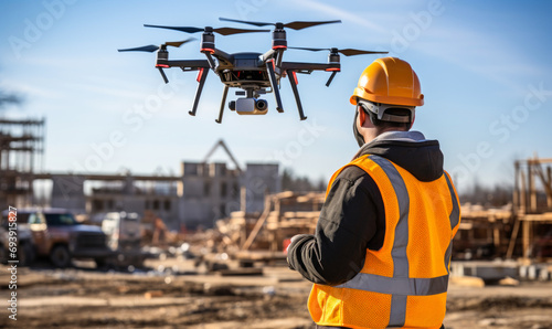 Engineer Inspects Construction Site with Drone photo