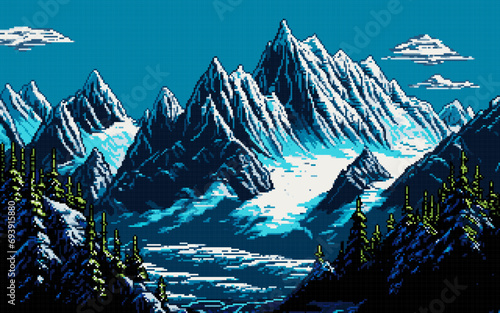 Generative ai snowy mountains, 8Bit pixel art