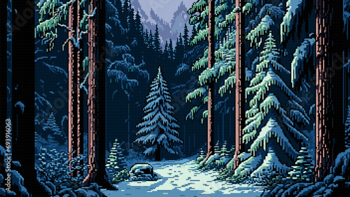 Winter snowy forest landscape, AI generated 8bit #693916063