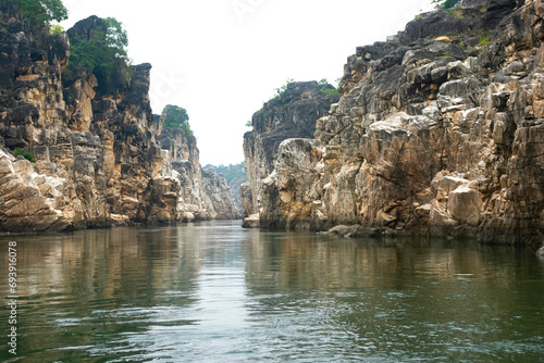 Scenic view of marble rocks during a boat ride through Narmada river