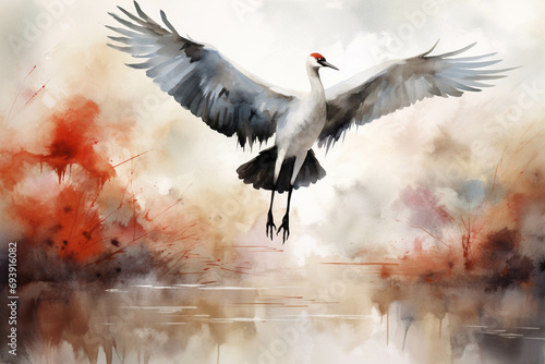 Watercolor picture of a crane.