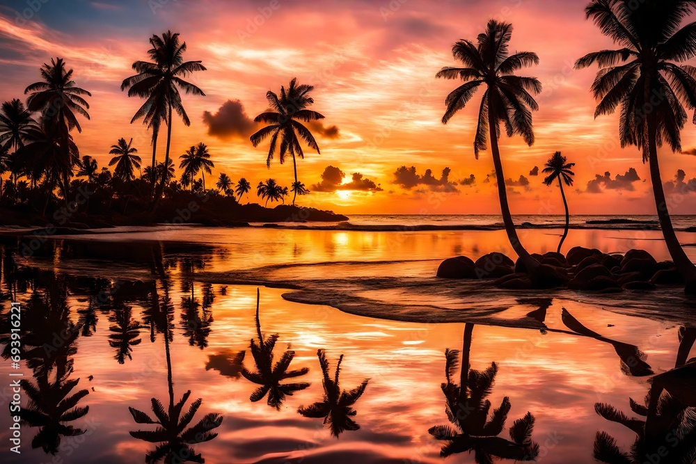 Beautiful tropical sunset with silhouettes of palm trees over the beach Ideal for summertime travel and getaway