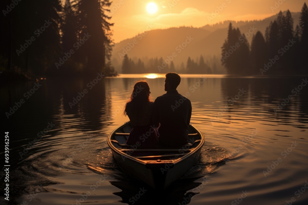 A couple enjoying a romantic boat ride on a calm lake.