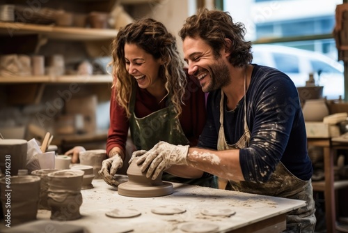 A couple at a pottery workshop, shaping clay and laughing together. photo