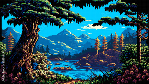 AI generated pixel landscape of mountain lake