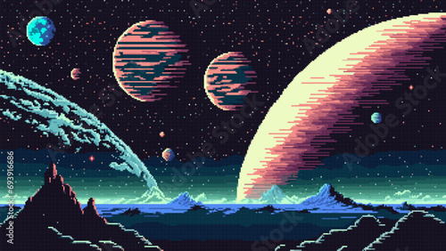 Space planet, galaxy pixel landscape, AI generated