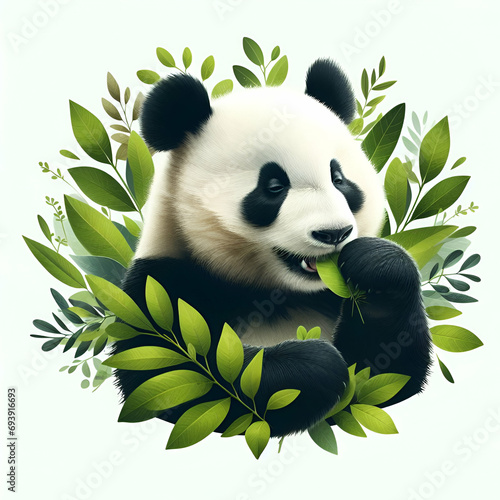 Whimsical bamboo leaf eating spanda illustration isolated on white background  photo