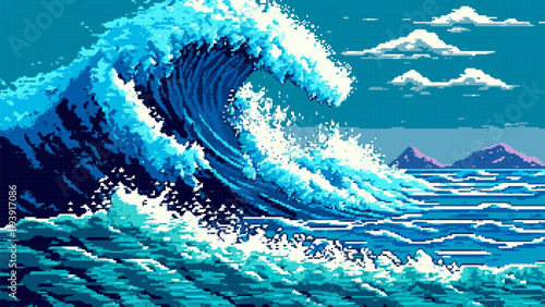 Tsunami sea waves landscape, ai pixel game scene