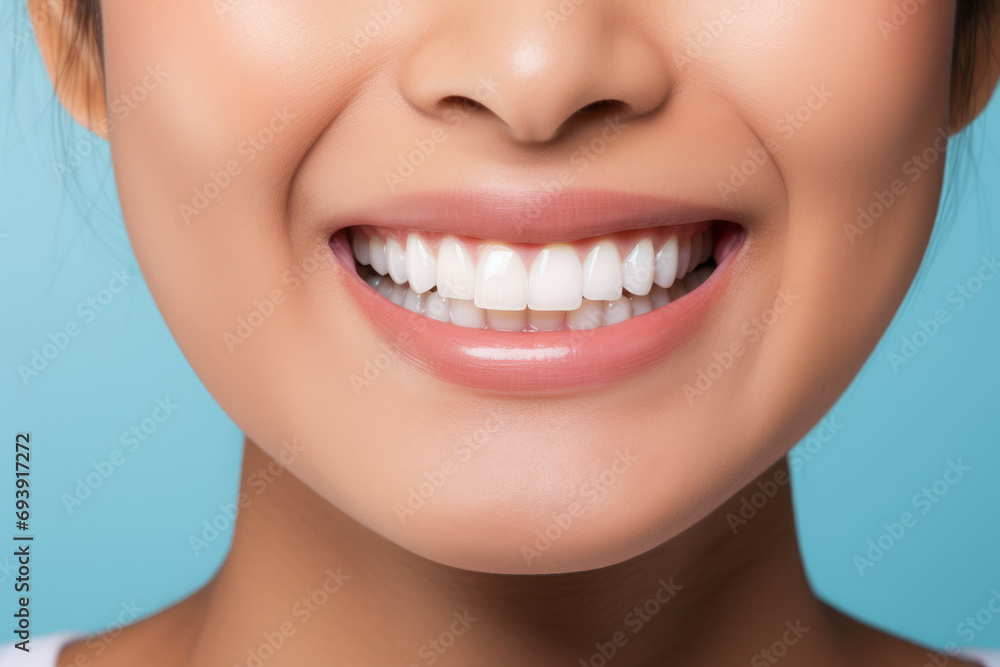 Closeup of beautiful young woman smile with healthy teeth on blue background Closeup of beautiful young woman smile with healthy teeth on blue background