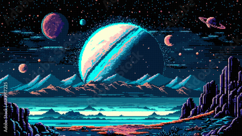 AI generated pixel game space planet landscape