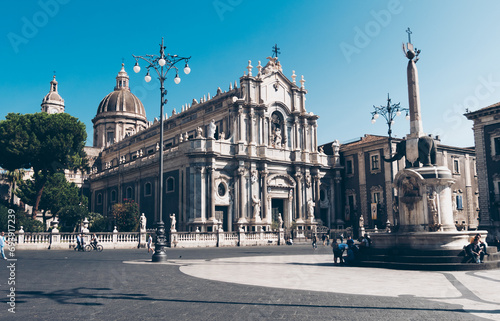 Catania, Sicily (Italy). Dome the fountain elephant and the Cathedral of Saint Agatha. photo