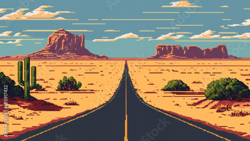 8 bit pixel art wild west desert road landscape Ai