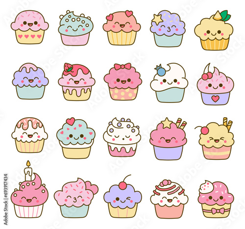 Funny kawaii cupcakes. Cute sweet food dessert characters. Hand drawn style. Vector drawing. Collection of design elements.