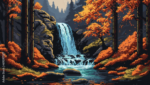 Generative ai waterfall at autumn forest landscape