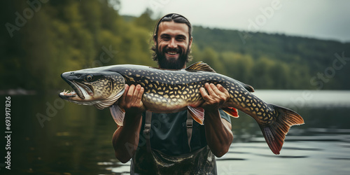 Portrait of candid happy angler holding huge trophy pike fish in hands standing on river water background photo