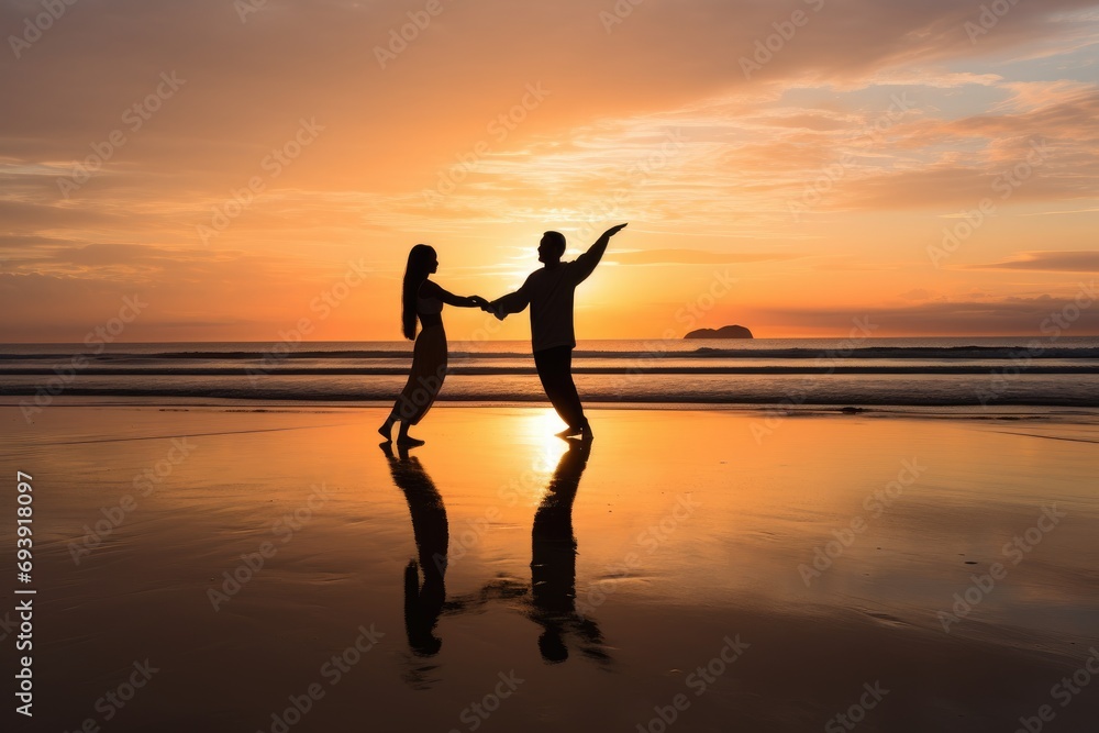 A couple on a beach at dawn, practicing tai chi and embracing tranquility.