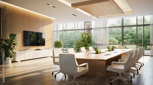 A spacious and airy conference room adorned with contemporary furnishings, a lengthy meeting table, and recessed lighting.
