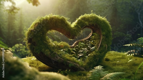 Heart green moss forest background. Fantasy Enchanted Heart-shaped mossy branches in Mystical Whimsical  forest. Magical fairy tale landscape. Valentines Day  love  ecology concept.