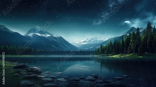 Moonlit Majesty: Mountain Landscape with Lake and Forest at Night