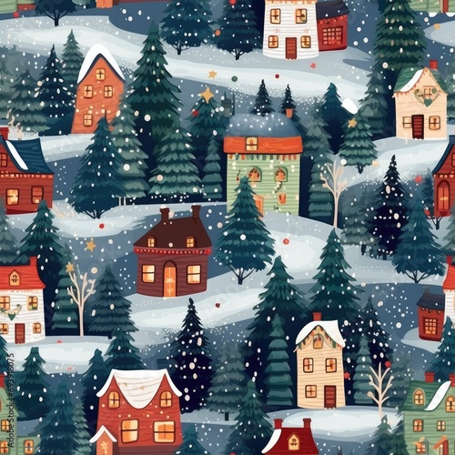 Christmas houses seamless pattern. Winter landscape with cute gingerbread houses. Merry Christmas, Happy New Year concept illustration for greeting card, textile, wallpaper, print design, fabric.