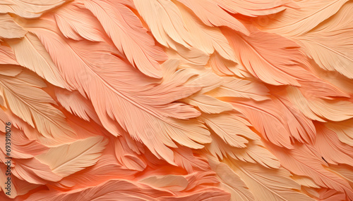 thick impasto painting like wood engravings feathers in peach fuzz color of the year 2024  photo