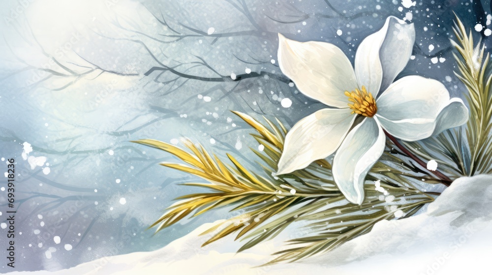 Snowdrop flowers landscape background. Beautiful snowdrops growing in snow in early spring forest illustration of nature for wallpaper, postcard, banner, backdrop, web, card, poster, cover, print.