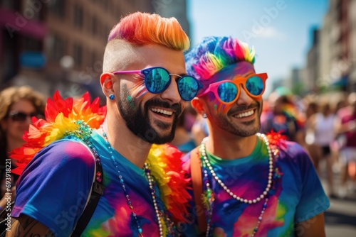 A gay couple participating in a colorful pride parade