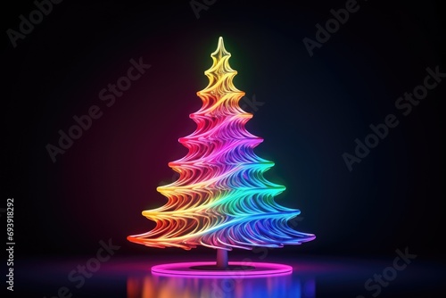 Neon lights fantasy Christmas Tree Background. Merry Christmas, Happy New Year concept. Illustration for postcard, banner, wallpaper, backdrop, web, card.
