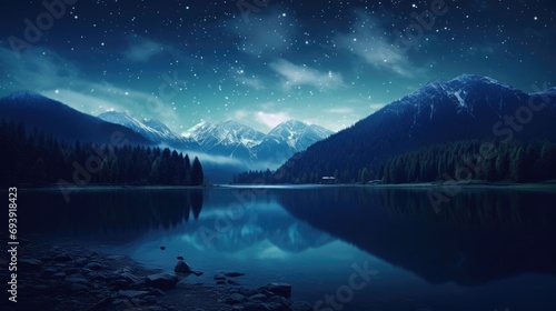 Moonlit Majesty: Mountain Landscape with Lake and Forest at Night © ic36006
