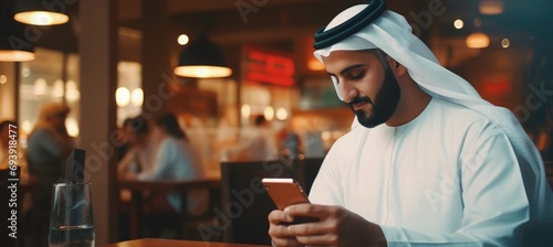  Muslim man seat in a shop and works with a smartphone