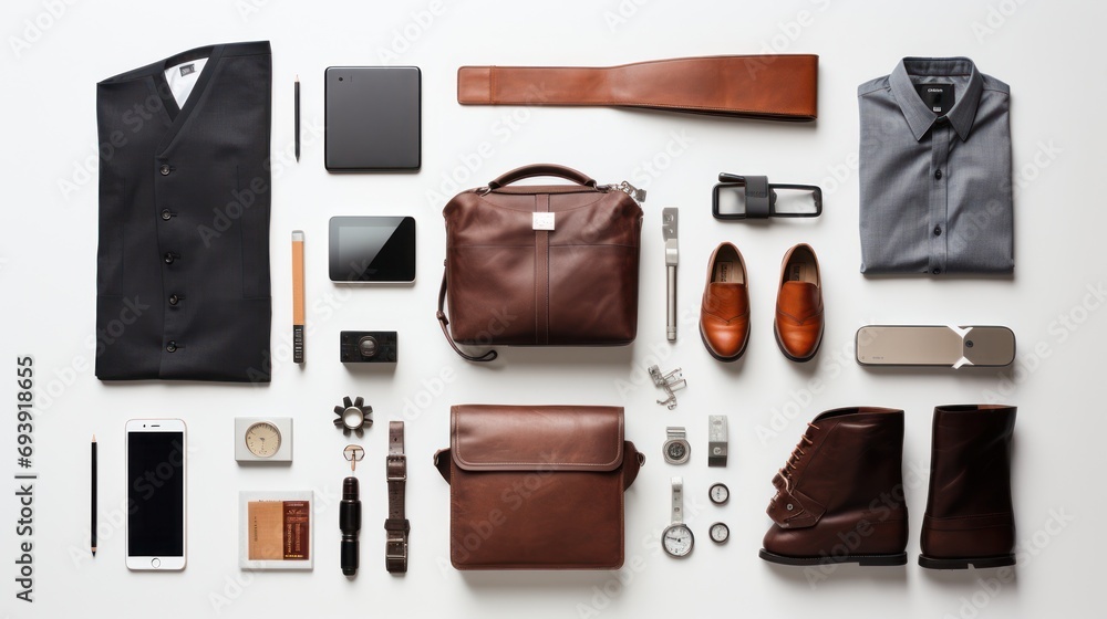 businessman equipment of knolling flat lay arrangement. businessman equipment of knolling flat lay arrangement.