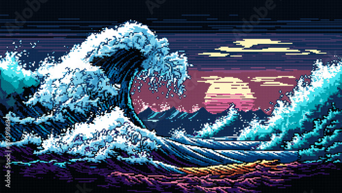 Tsunami wave, AI generated pixel game landscape