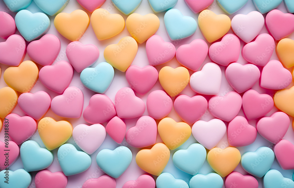 background of colorful pastel candies heart shape top view