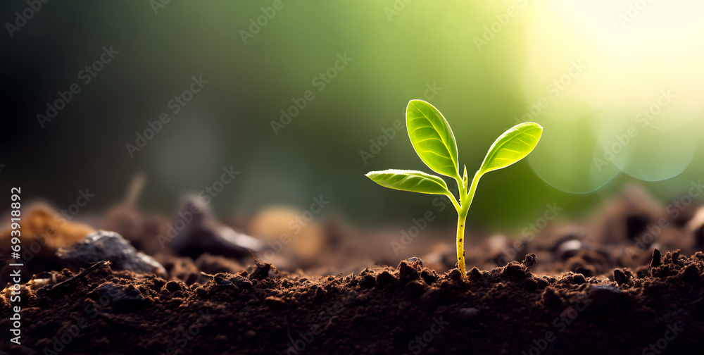 Lonely young sprout of plant makes its way through layer of soil to germinate in agricultural field in spring outdoor - obrazy, fototapety, plakaty 