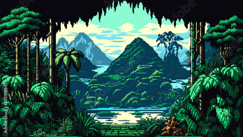 AI generated tropical jungle forest 8bit pixel art