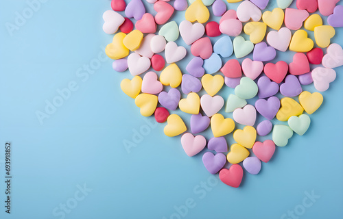 colorful pastel candies heart shape background top view