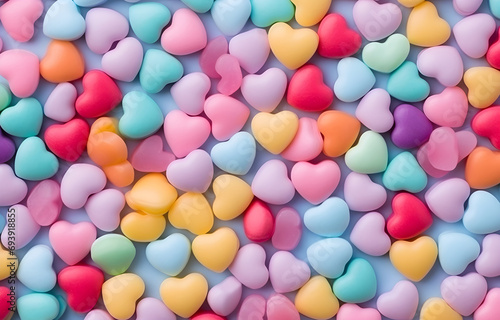 background of colorful pastel candies heart shape top view photo