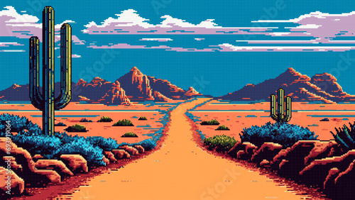 Western desert road landscape. Ai 8bit pixel art photo