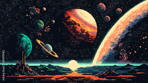 Space landscape. Ai generated 8bit pixel game